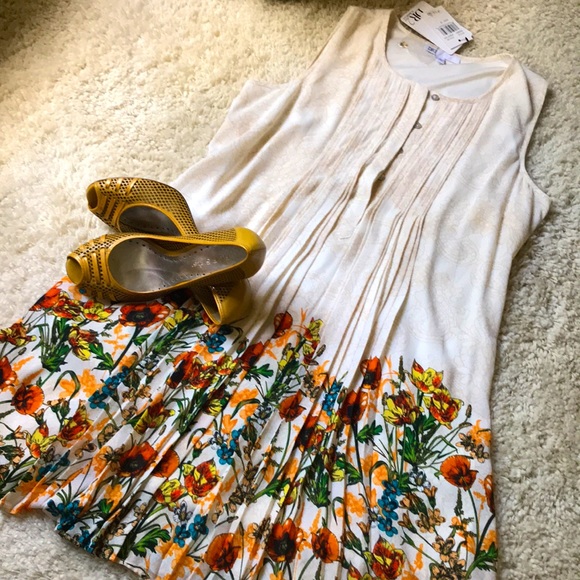 Pleated Floral Hem Sleeveless Shift Dress S - Picture 1 of 13